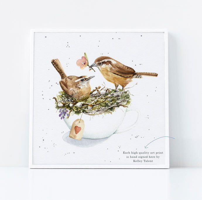 Carolina Wrens with Coral Flower in Tea Cup Fine Art Print