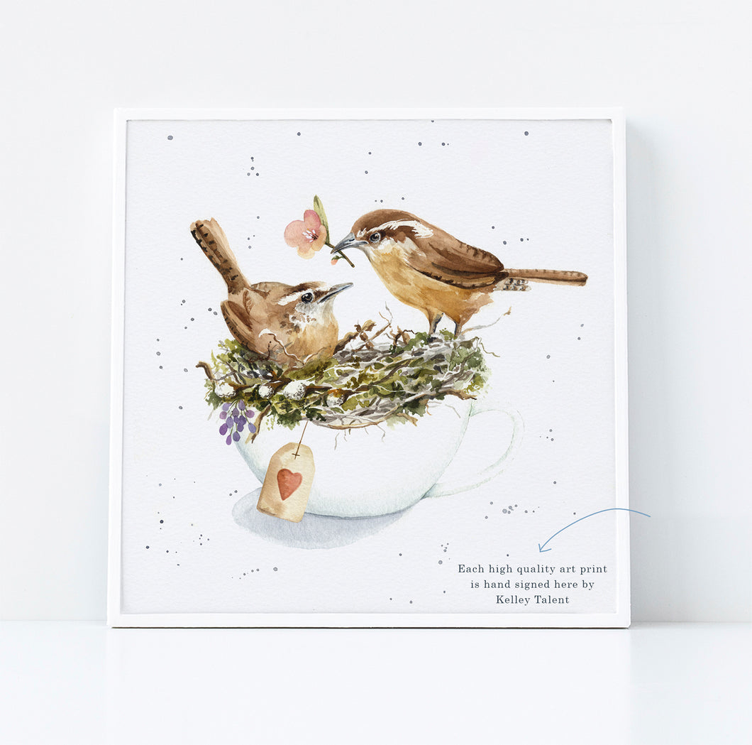 Carolina Wrens with Coral Flower in Tea Cup Fine Art Print