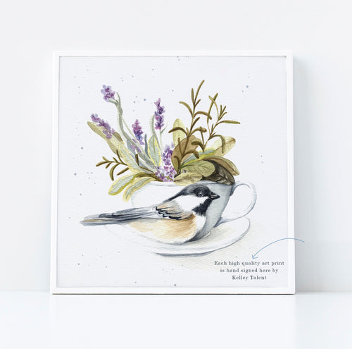 Chickadee with Tea Cup with Lavender Flowers Fine Art Print